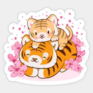 Cute Baby Tiger and Mom with Pastel Pink Sakura Flower Kawaii Aesthetic Sticker